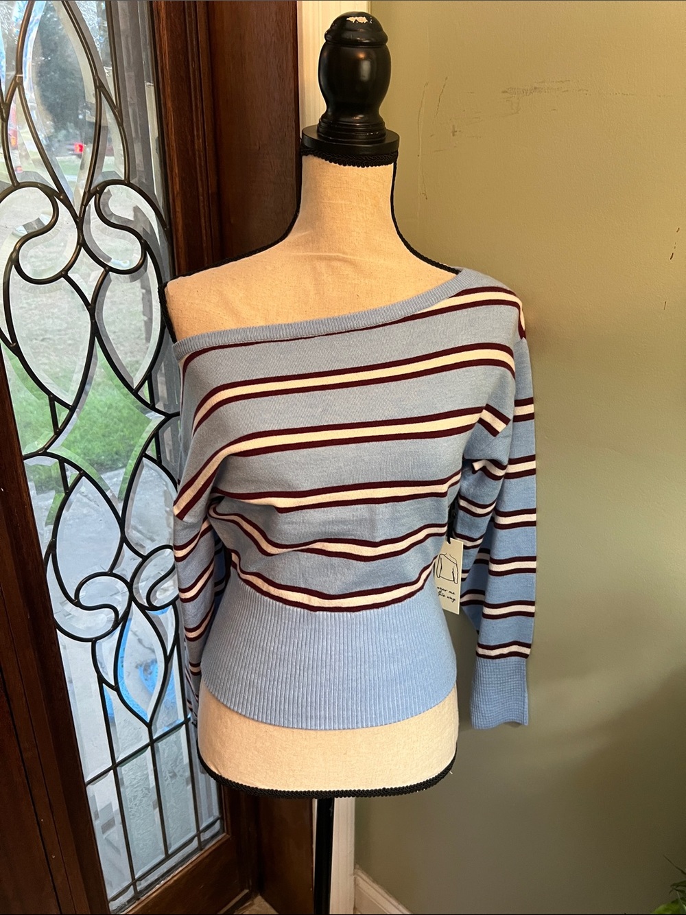 Freshman 1996 Blue Striped Off-Shoulder Women's Sweater